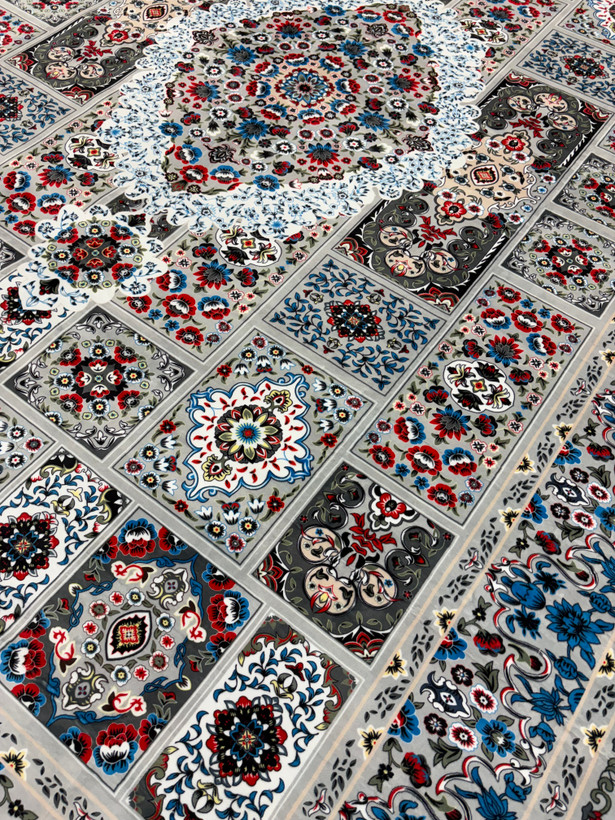 فرش ترک ۱۲ متری کرم آبی طوسی